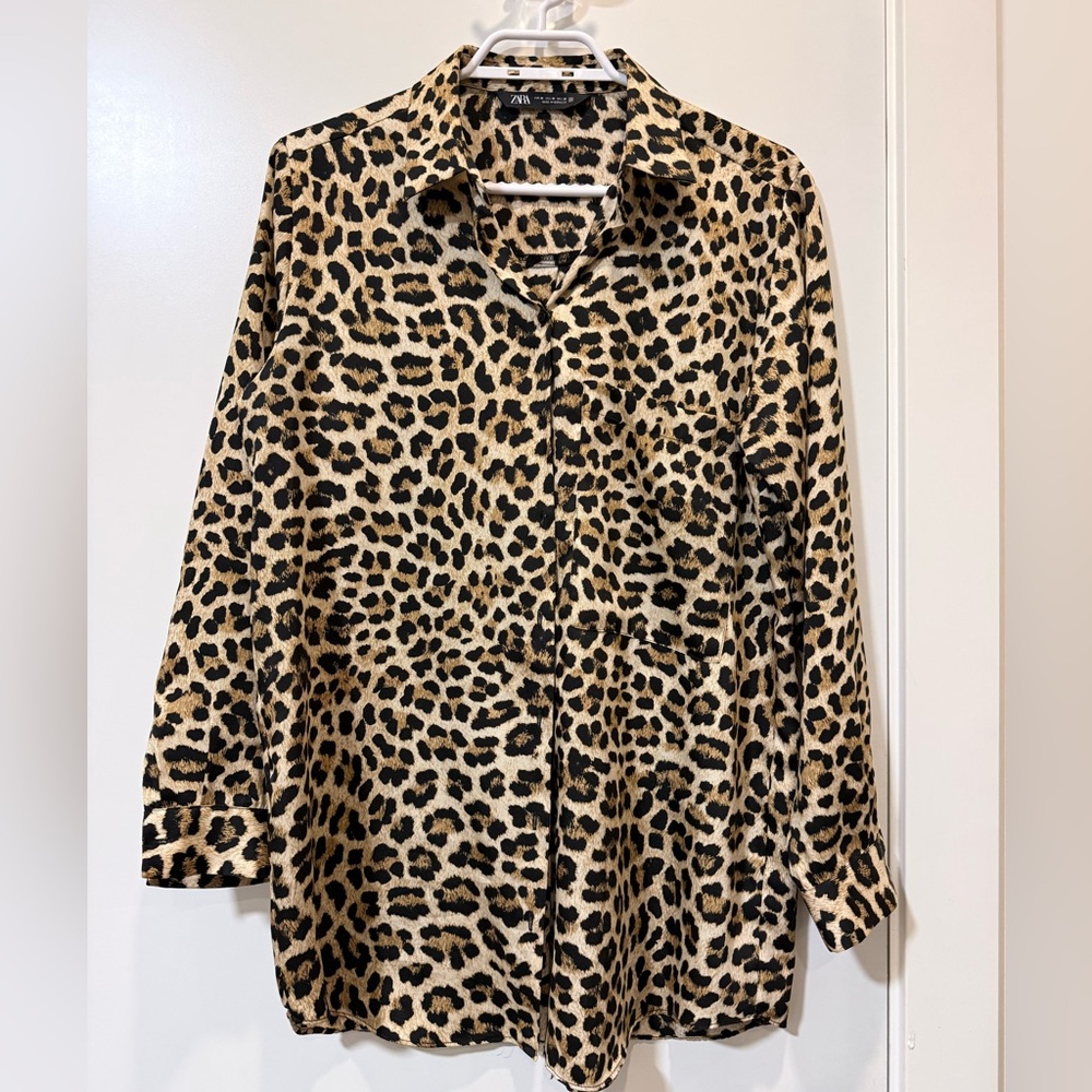Zara Black and Tan Leopard-Print Button Shirt